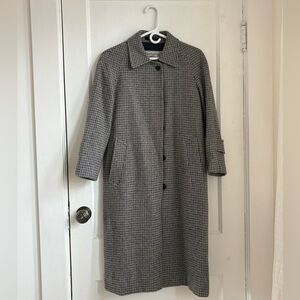 Burberry Vintage 100% Wool Macintosh Coat Grey Blue Houndstooth Check Japan